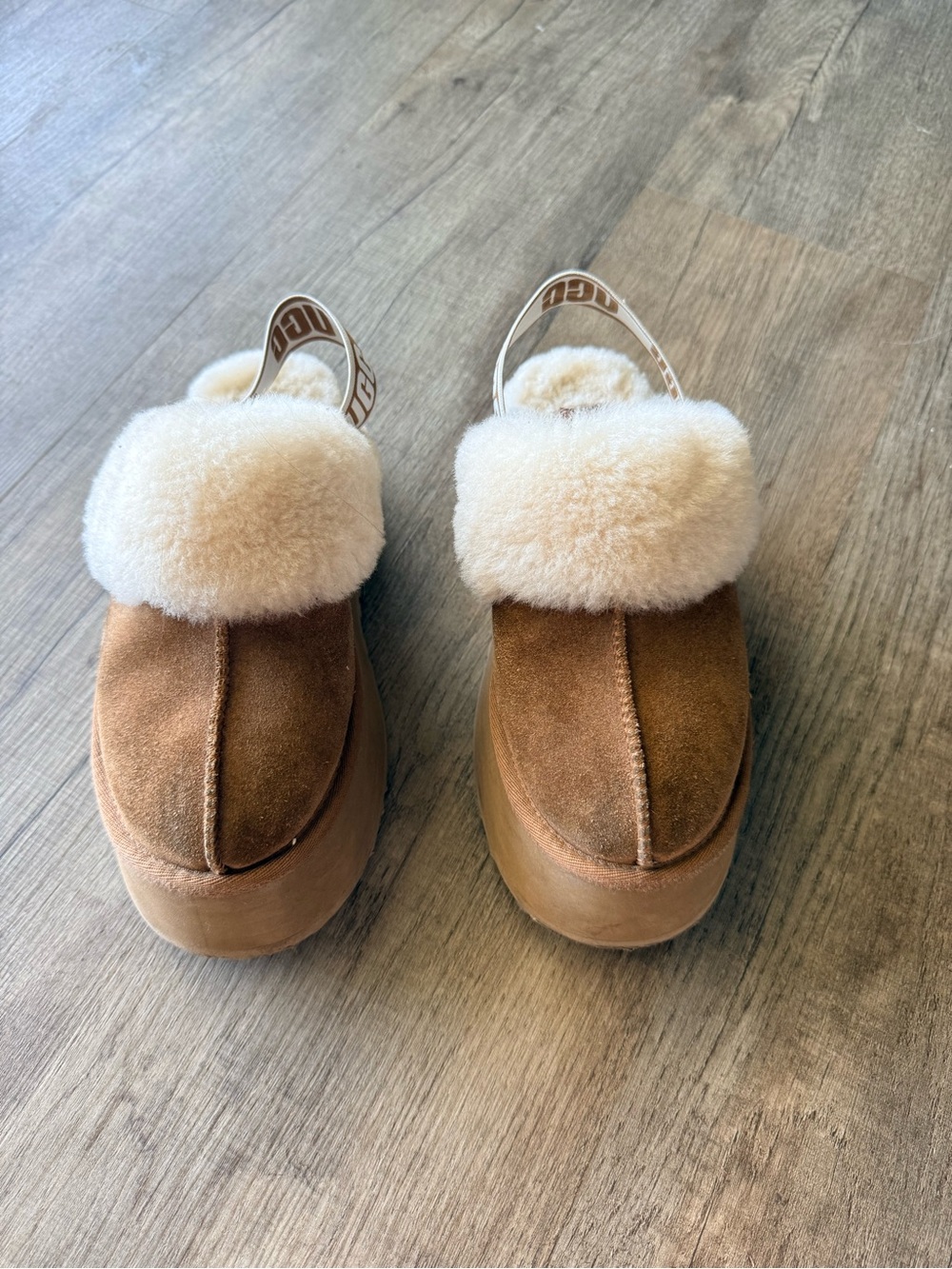 UGG Chestnut Suede Platform Clogs/Slippers with Cream Shearling Cuff - Picture 2 of 10